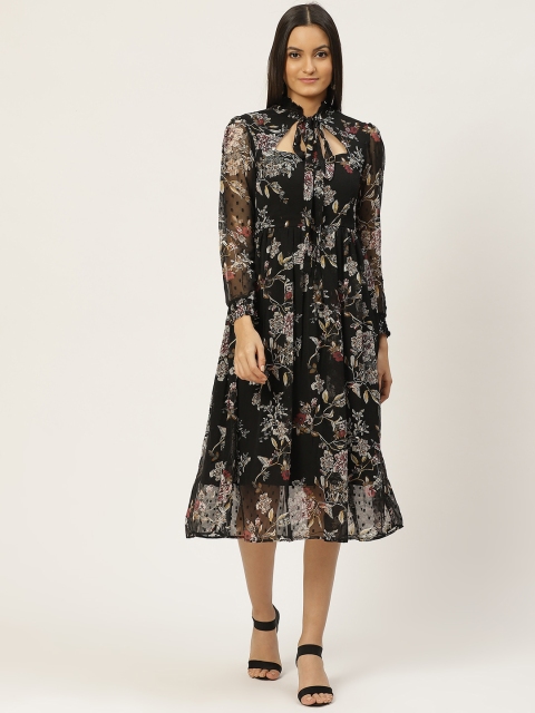 

WoowZerz Women Black & White Floral Print Dobby Weave Fit and Flare Dress
