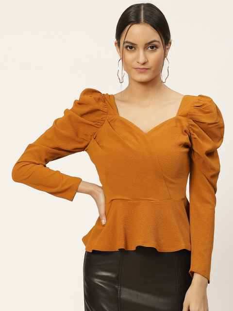 

WoowZerz Mustard Brown Sweetheart Neck Puff Sleeves Peplum Top