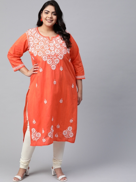 

Ada Plus Size Women Orange & White Chikankari Hand Embroidered Straight Kurta