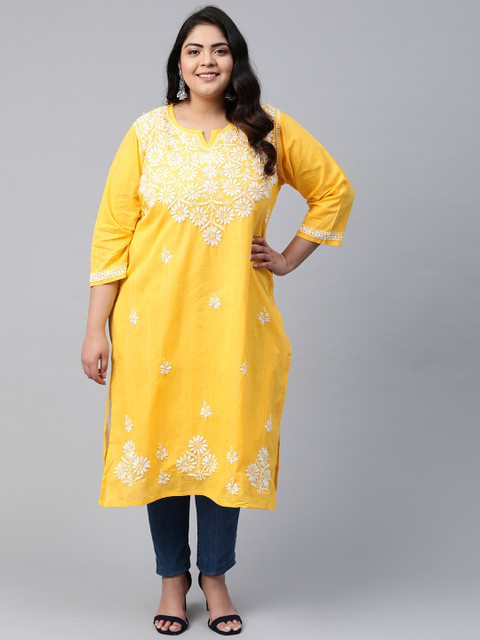 

ADA Women Plus Size Yellow & White Pure Cotton Hand Embroidered Chikankari Kurta