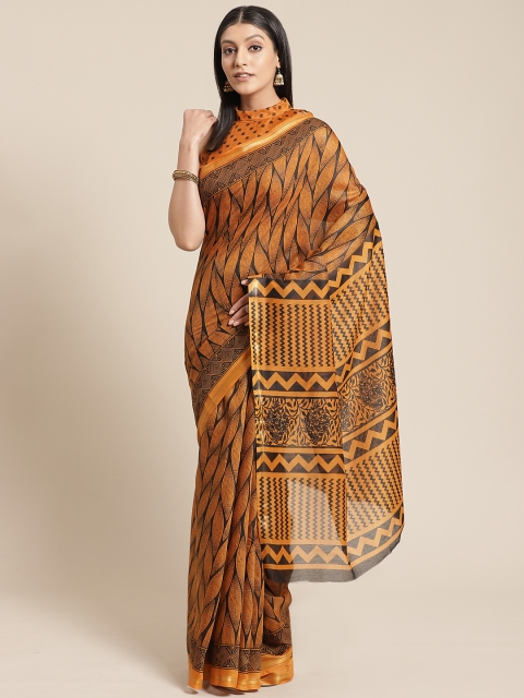 

Shangrila Creation Rust Orange & Black Pure Linen Handloom Batik Print Saree
