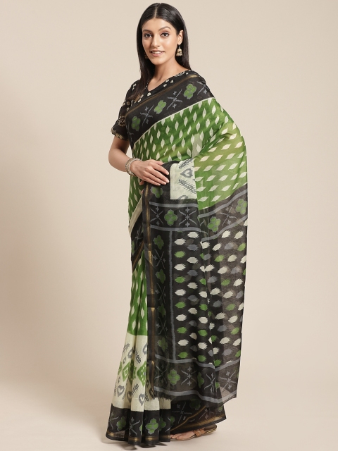 

Shangrila Creation Green & Black Handloom Batik Printed Saree