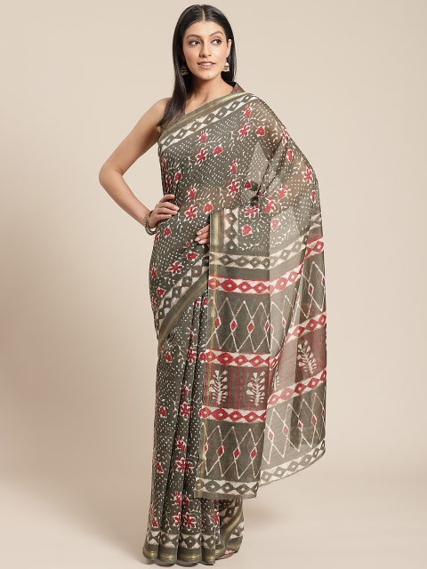

Shangrila Creation Grey & White Handloom Batik Printed Saree