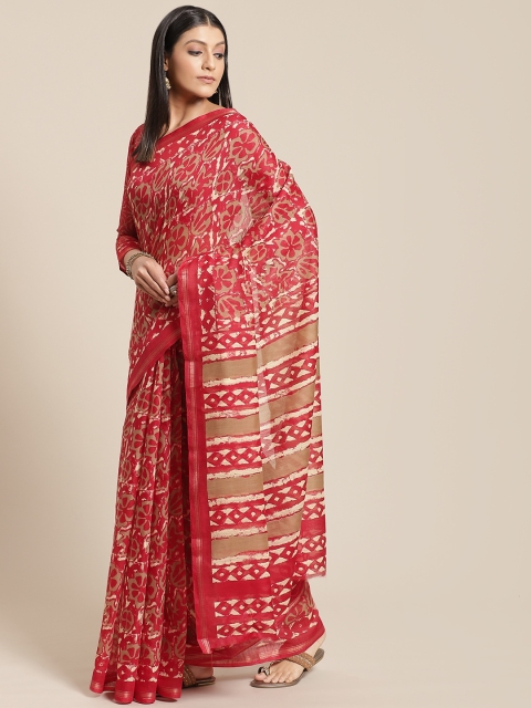 

Shangrila Creation Red & White Handloom Printed Saree