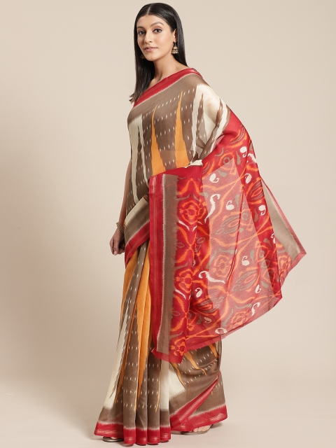 

Shangrila Creation Brown & Red Handloom Batik Printed Saree