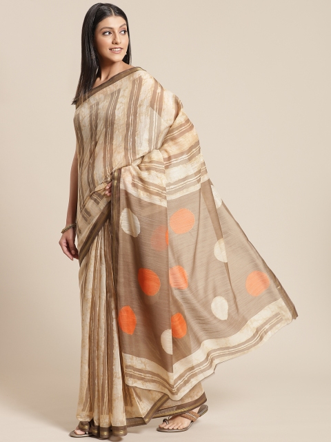 

Shangrila Creation Beige & Taupe Handloom Pure Linen Batik Print Saree