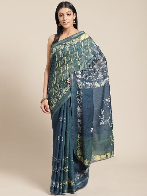 

Shangrila Creation Teal Blue & Yellow Handloom Pure Linen Batik Print Saree