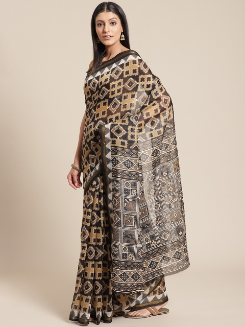 

Shangrila Creation Black & Beige Handloom Batik Printed Saree