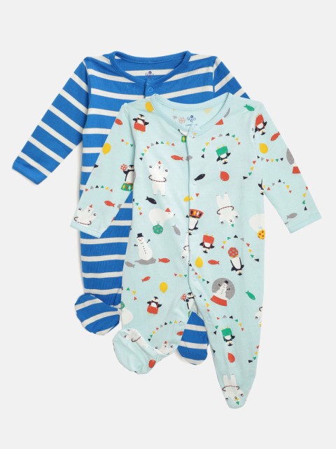 

candy cot Infant Kids Pack of 2 Blue & White Pure Cotton Sleepsuits