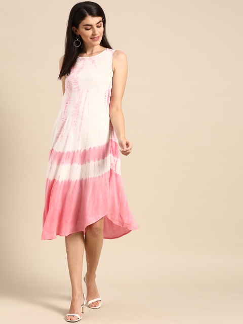 

Prakrti Women White & Pink Dyed A-Line Sustainable Dress