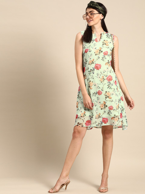 

Prakrti Women Sea Green & Pink Floral Digital Printed A-Line Dress