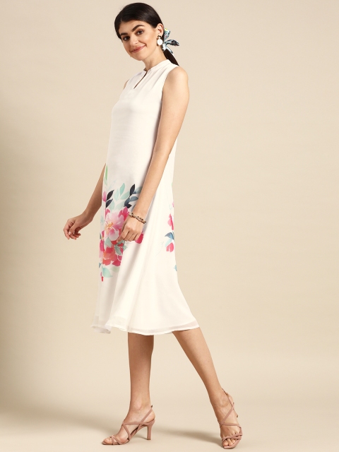 

Prakrti Women White & Pink Floral Digital Printed A-Line Dress