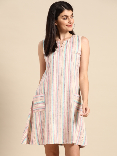 

Prakrti Women Cream-Coloured & Pink Striped Pure Cotton A-Line Dress