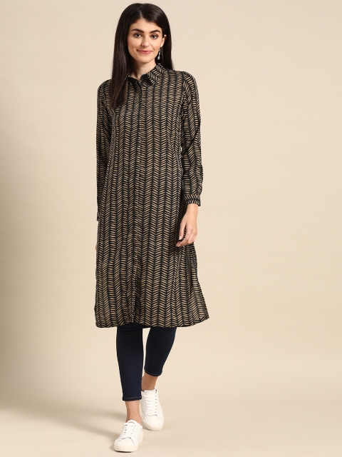 

Prakrti Women Black & Beige Geometric Printed Shirt Collar Straight Tunic