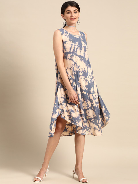 

Prakrti Women Pink & Blue Hand Dyed Asymmetric A-Line Sustainable Dress