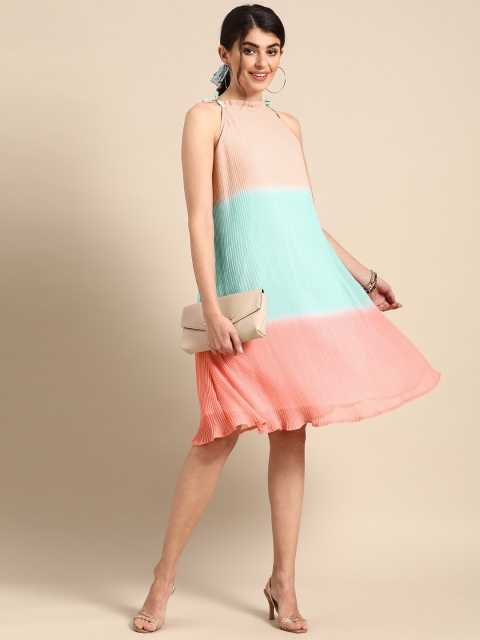 

Prakrti Women Pink & Blue Colourblocked Accordion Pleated Shift Dress