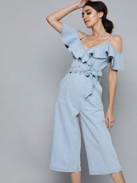 

MAGRE Women Blue Solid Culotte Jumpsuit with Ruffle Detail