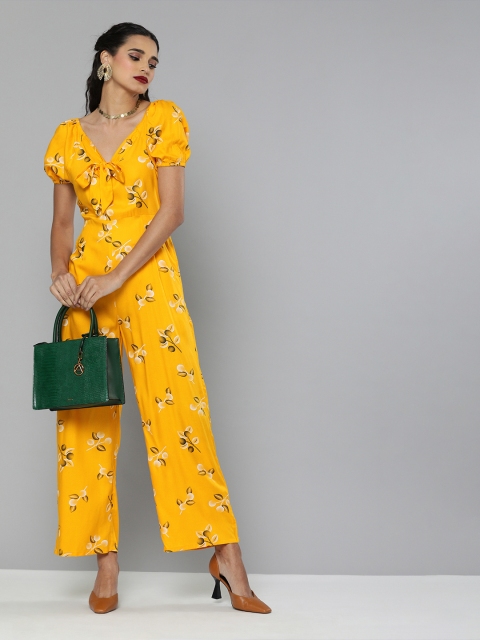 

MAGRE Women Yellow Printed Puff Sleeve Basic Jumpsuit