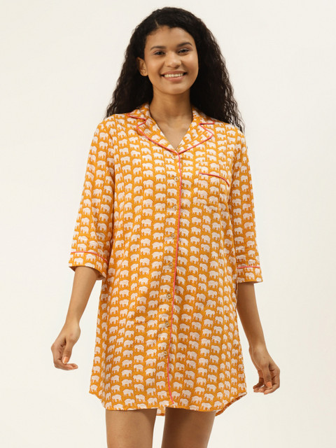 

MABISH by Sonal Jain Women Mustard Yellow & White Elephant Print Pure Cotton Nightdress