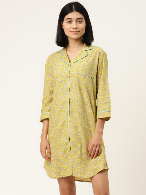 

MABISH by Sonal Jain Women Yellow & White Ethnic Motifs Print Cotton Nightdress