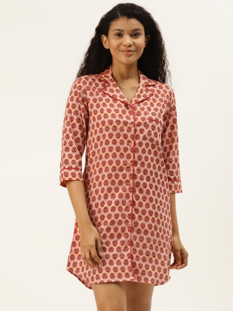 

MABISH by Sonal Jain Women Pink & Mustard Yellow Printed Pure Cotton Nightdress