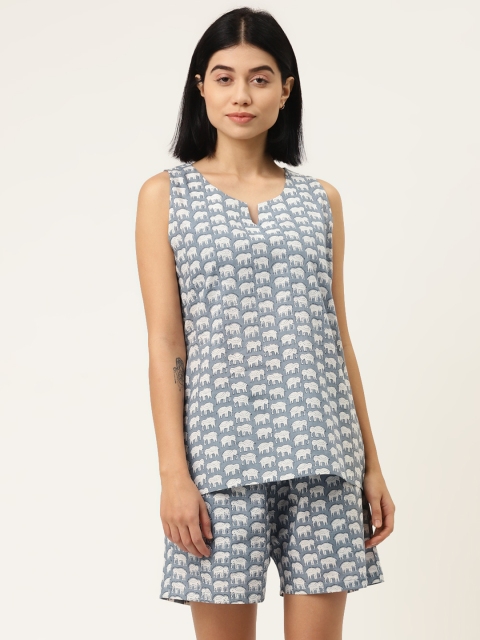 

MABISH by Sonal Jain Women Grey & White Ethnic Motifs Print Pure Cotton Night suit