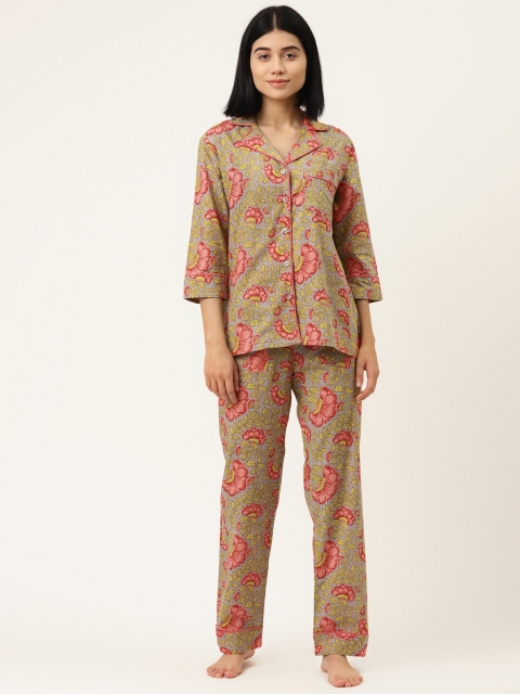 

MABISH by Sonal Jain Women Taupe & Pink Ethnic Motifs Print Pure Cotton Night suit