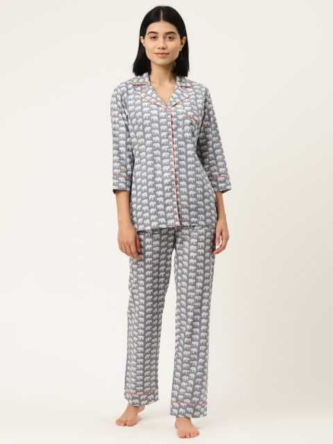 

MABISH by Sonal Jain Women White & Blue Ethnic Motifs Print Pure Cotton Night suit