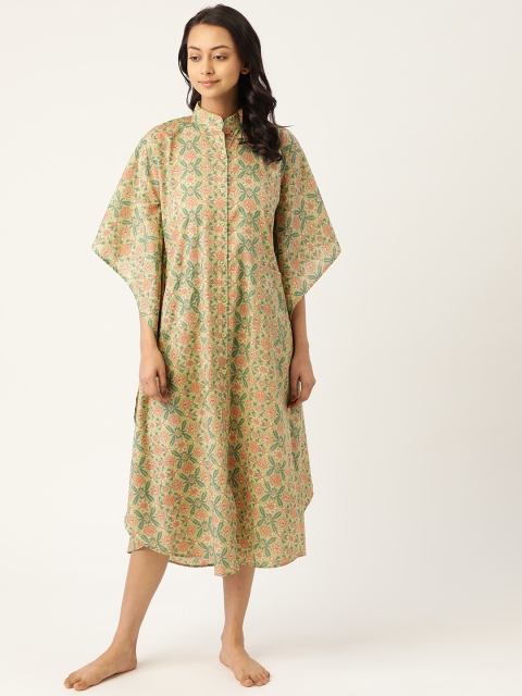 

MABISH by Sonal Jain Green & Pink Floral Print Midi Pure Cotton Kaftan Nightdress