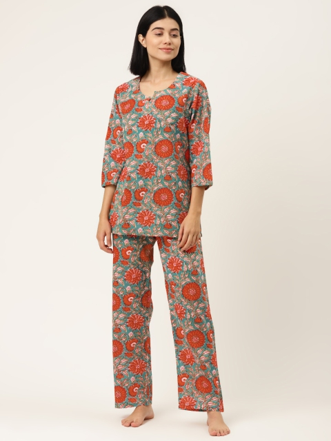 

MABISH by Sonal Jain Women Blue & Red Floral Print Pure Cotton Night suit