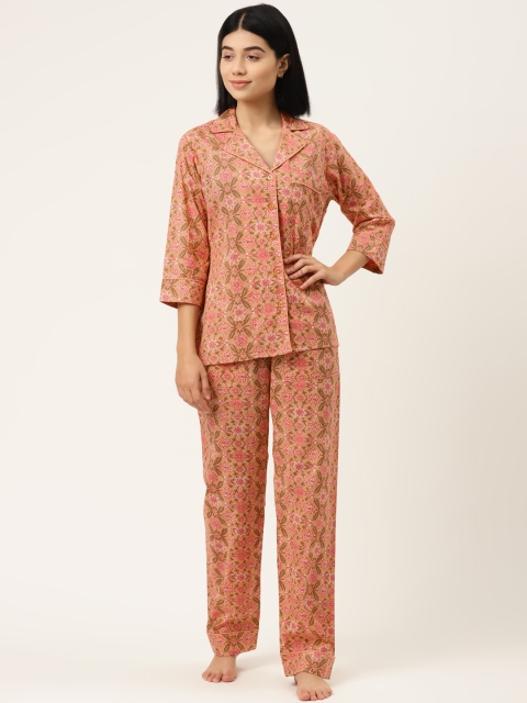 

MABISH by Sonal Jain Women Coral Orange & Pink Floral Print Pure Cotton Night suit