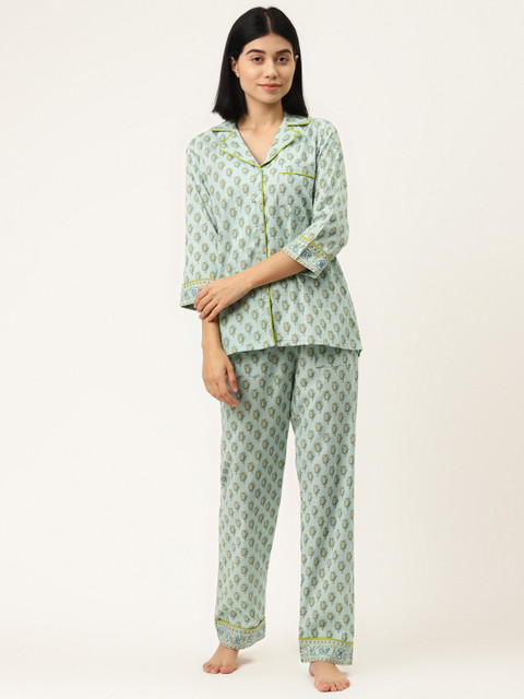 

MABISH by Sonal Jain Women Blue & Grey Floral Print Pure Cotton Night suit