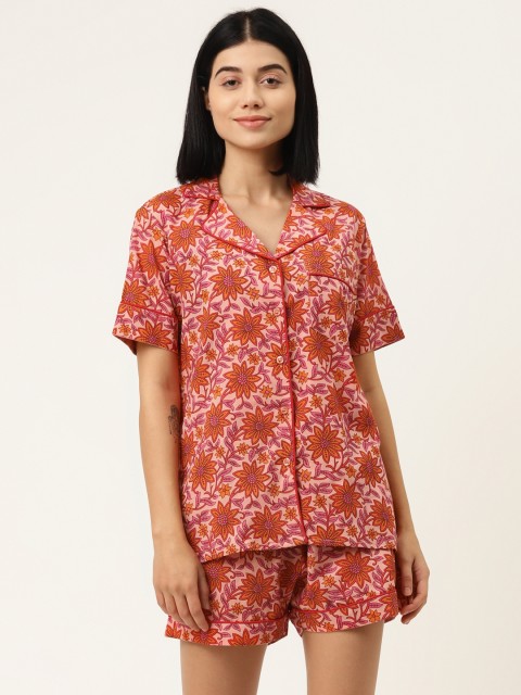 

MABISH by Sonal Jain Women Pink & Orange Floral Print Pure Cotton Night suit