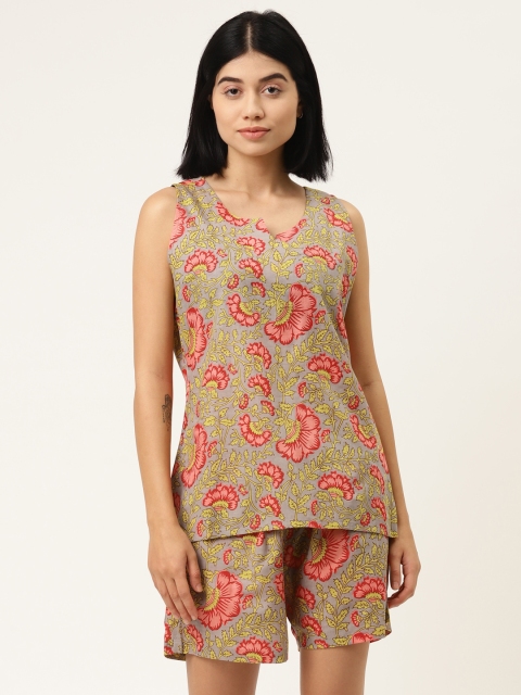 

MABISH by Sonal Jain Women Grey & Red Ethnic Motifs Print Pure Cotton Night suit