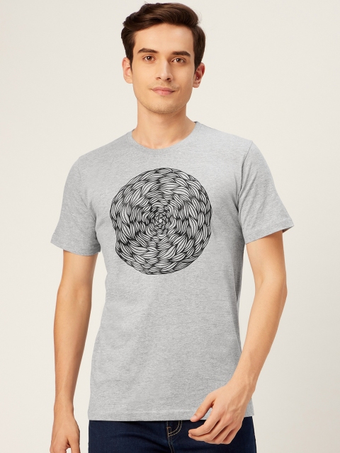 

WTFUNK Men Grey Melange Black Mandala Art Printed Round Neck Pure Cotton T-shirt