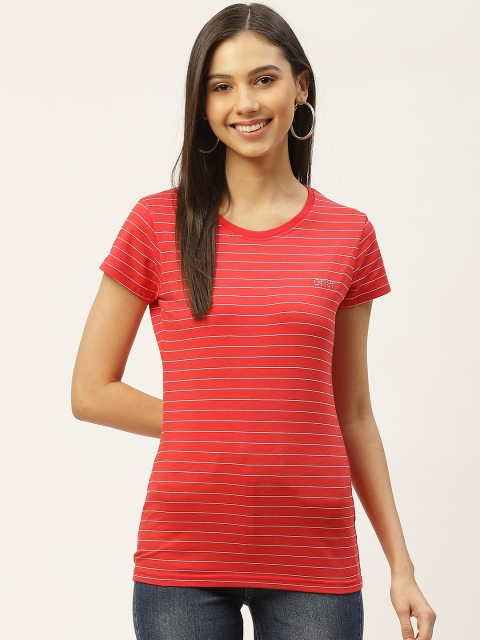 

Oner Women Red & White Striped Round Neck T-shirt