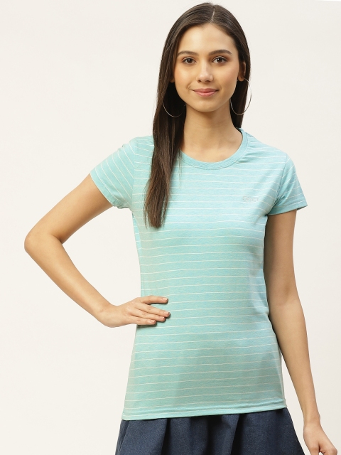 

Oner Women Sea Green & White Striped Round Neck T-shirt