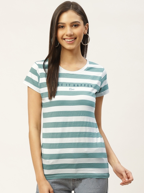 

Oner Women Teal Blue & White Striped Round Neck T-shirt with Typography Print Detail