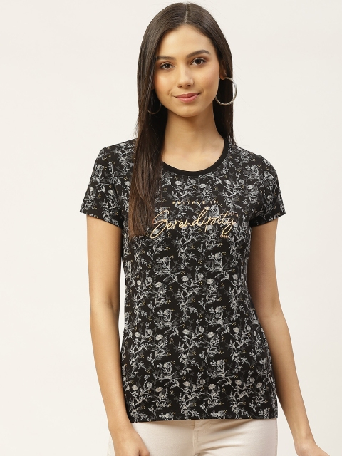 

Oner Women Black & White Floral Print Round Neck T-shirt with Typography Print Detail
