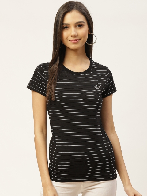 

Oner Women Black Striped Round Neck T-shirt with Brand Logo Print Detail
