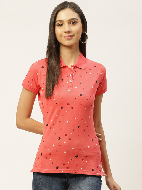 

Oner Women Coral Pink & Navy Blue Star Print Polo Collar T-shirt