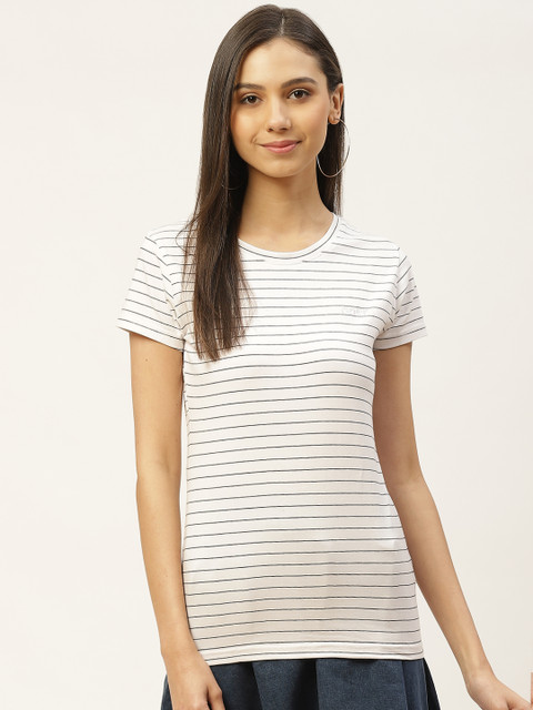 

Oner Women White & Black Striped Round Neck T-shirt with Brand Logo Print Detail