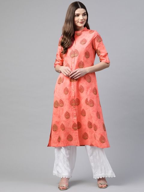 

Divena Women Pink & Brown Cotton Ethnic Motifs Printed A-Line Kurta