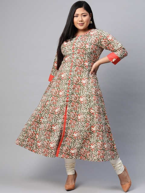 

YASH GALLERY Women Plus Size Olive Green & Off-White Ethnic Motifs Printed A-Line Kurta