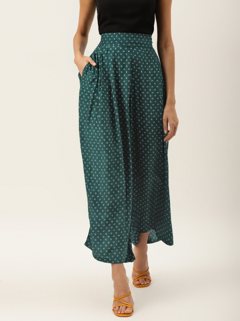 

Label Ritu Kumar Women Green & Beige Printed Wide Leg Cropped Palazzos