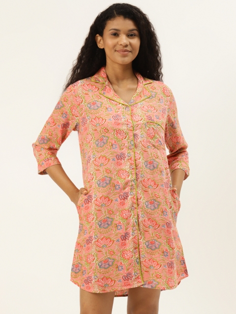 

MABISH by Sonal Jain Women Pink & Green Floral Print Nightdress