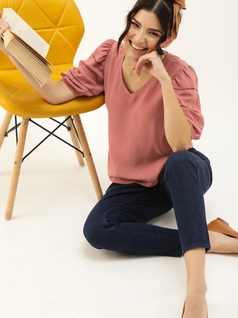 

Faballey Dusty Pink Puff Sleeves Crepe Regular Top