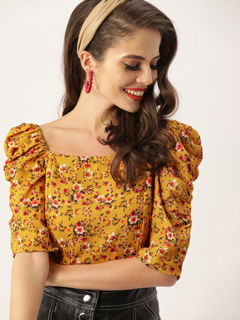 

Faballey Mustard Yellow & Red Floral Printed Puff Sleeves Georgette Regular Top
