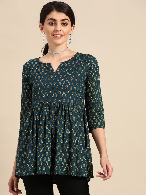 

Prakrti Women Teal Blue & Green Booti Print A-Line Kurti
