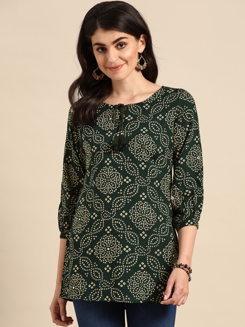 

Prakrti Women Green & Beige Bandhani Print Kurti